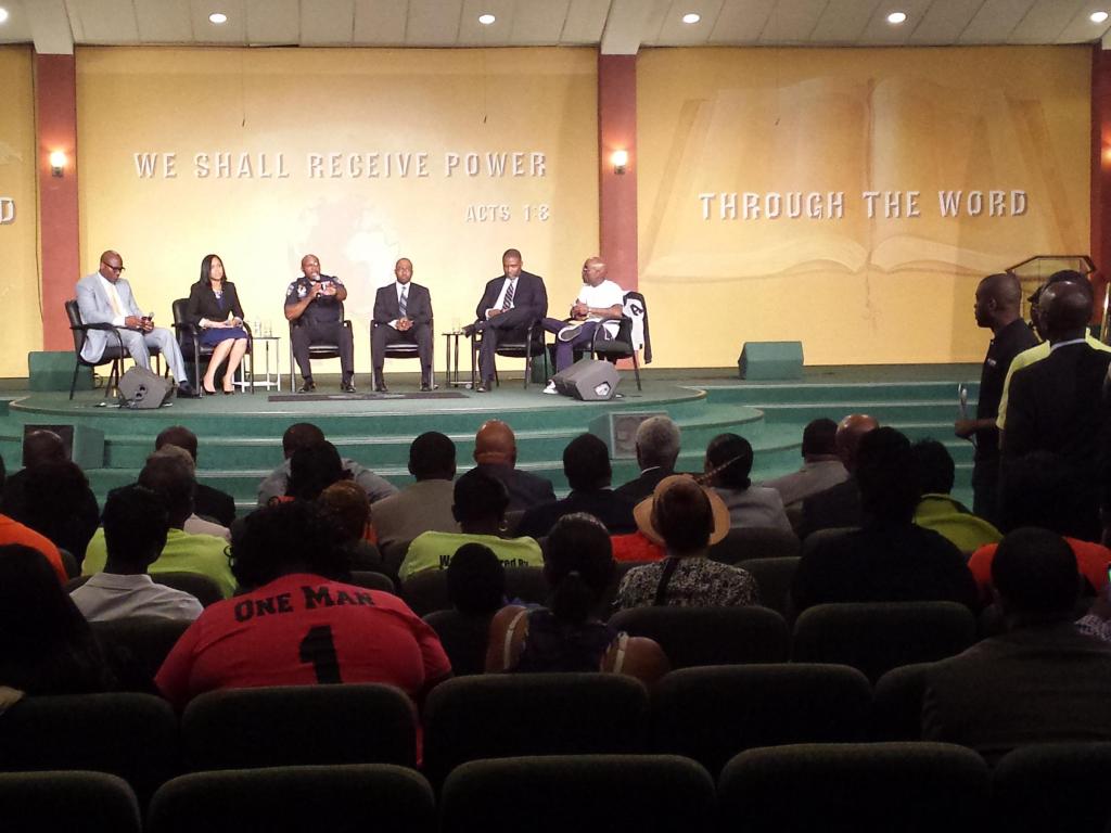 A town hall meeting with a panel that included attorney J. Wyndal Gordon and Democratic Nominee for Baltimore City State's Attorney Marilyn Mosby discussed issues of police brutality and rebuilding the relationship between the community and officers. The forum was held at the Empowerment Temple A.M.E. Church in Park Heights Tuesday. (photo by P. Kenneth Burns/WYPR)